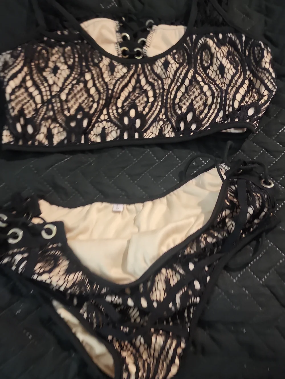 Swim | 2 Pc Black Lace Overlay Bikini Set With Beige Lining | Poshmark